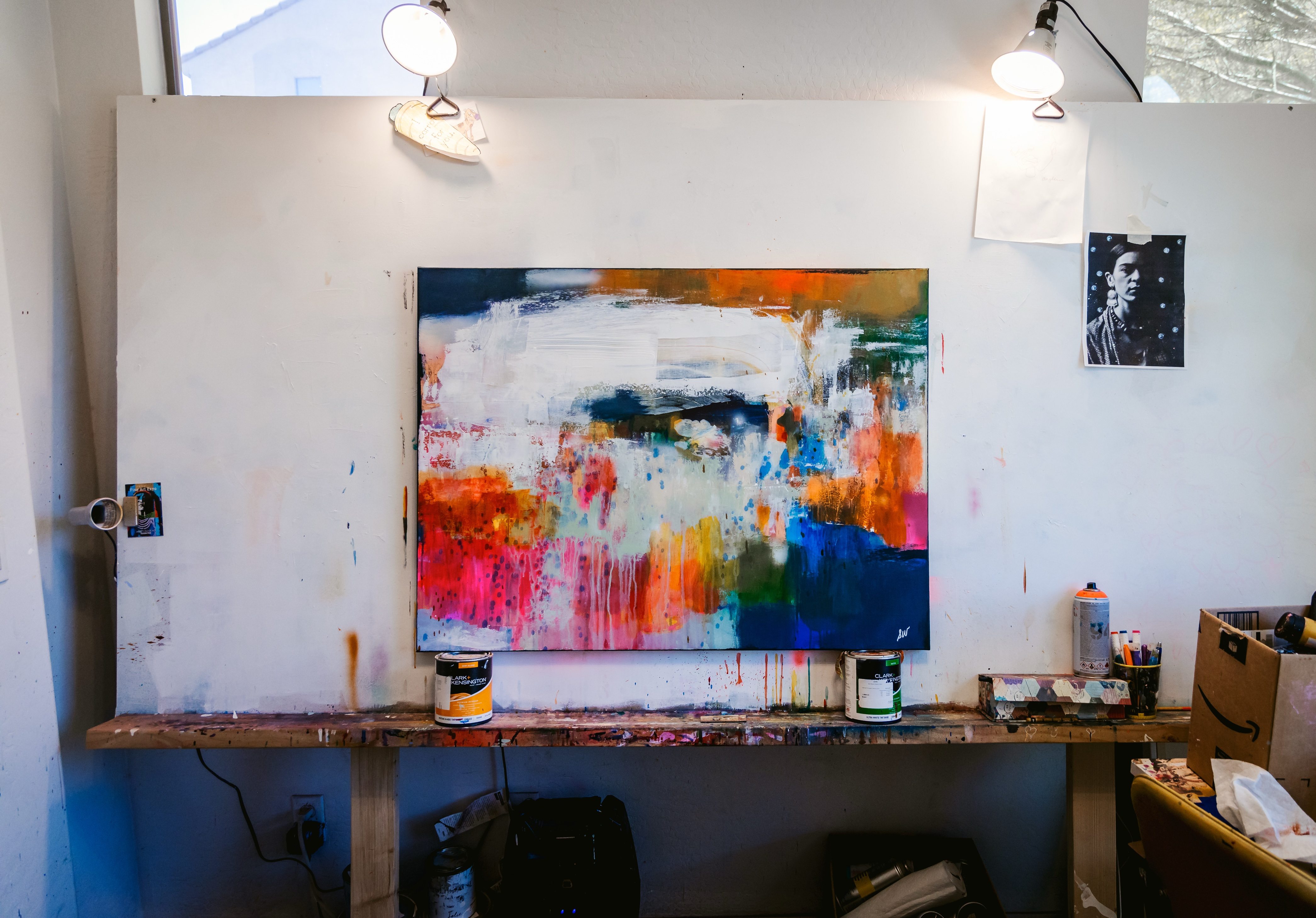Sarah Warner studio with an abstract painting in progress